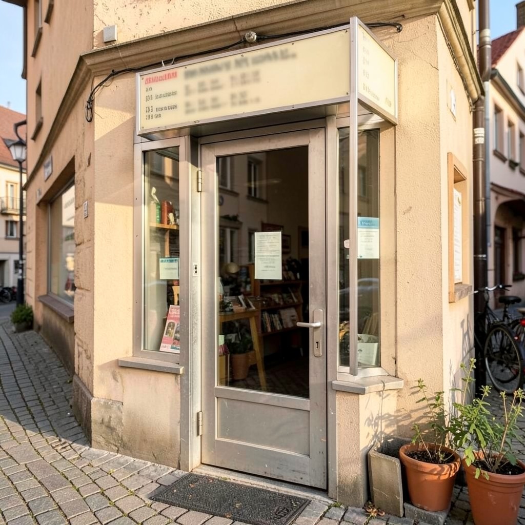 Eingang eines Ladengeschäfts mit Öffnungsschild an der Tür