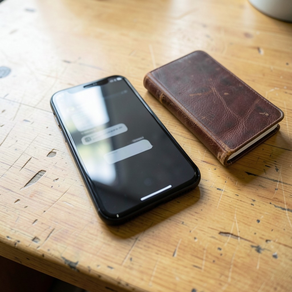 Smartphone mit Nachrichten neben Terminkalender auf dem Tresen