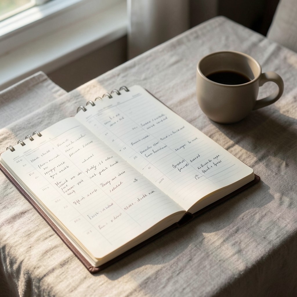 Wochenkalender mit handschriftlichen Notizen neben Kaffeetasse