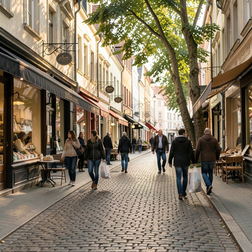 Schaufenster und Gehweg in einer belebten Einkaufsstraße in Hagen