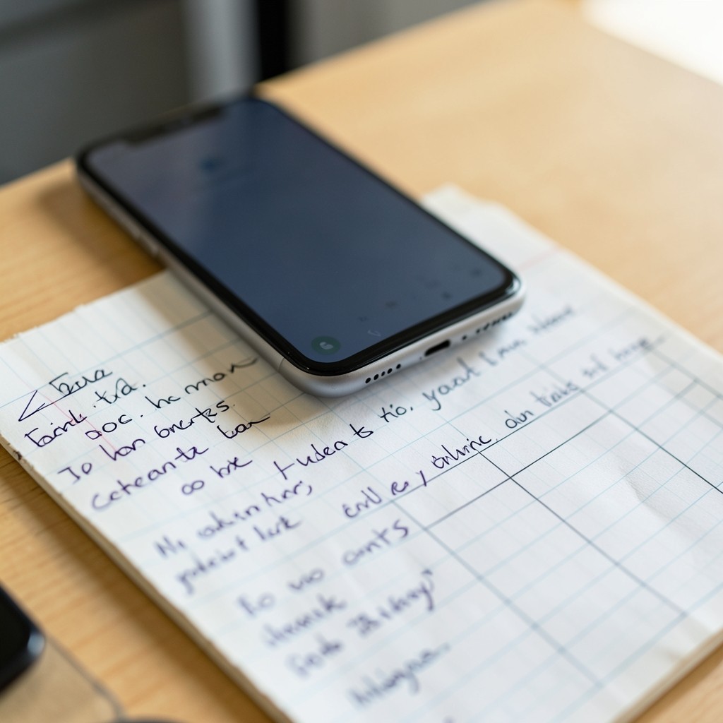 Notizen und Smartphone mit Social-Media-Profilen auf einem Schreibtisch