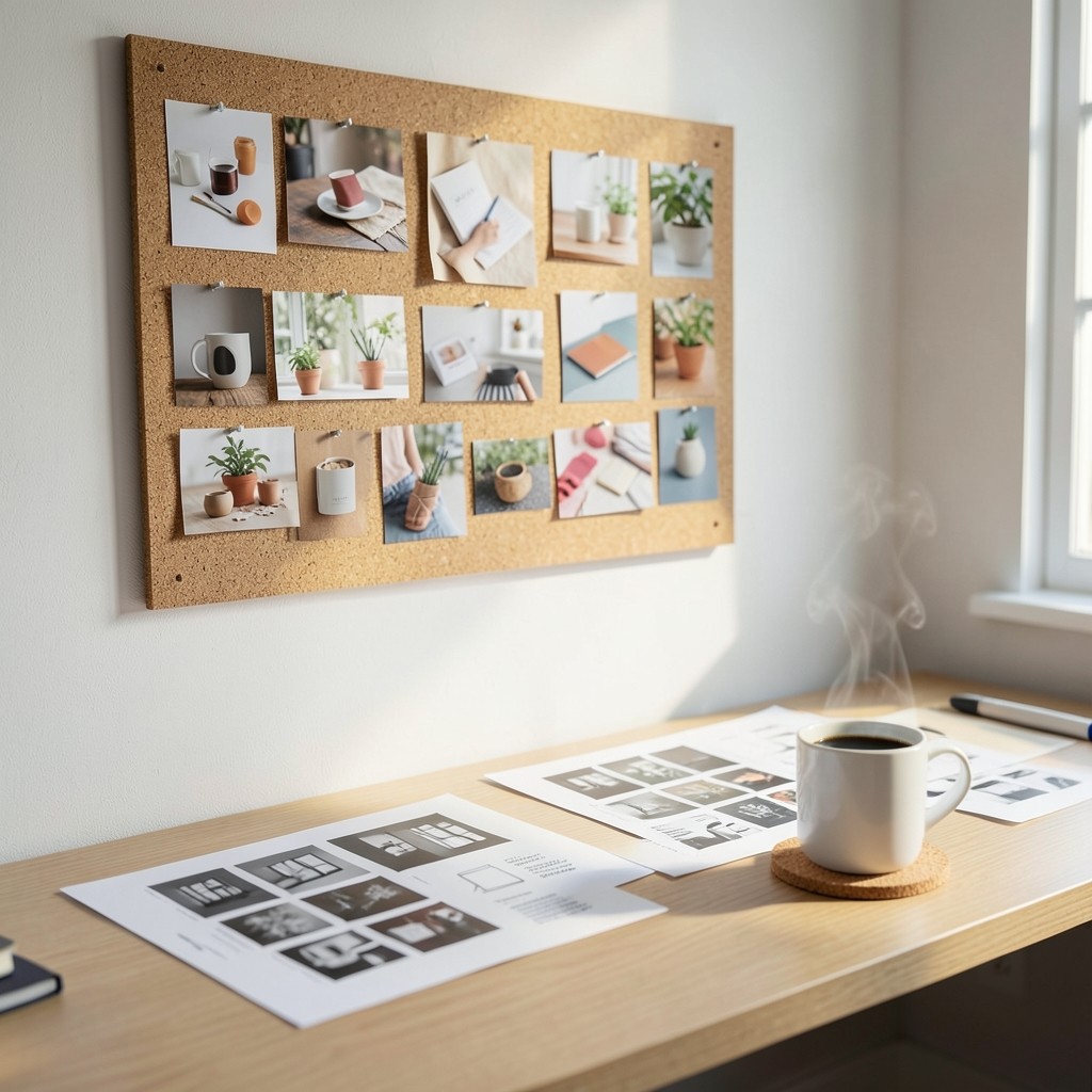 Arbeitsplatz mit Moodboard und Entwürfen für Social-Media-Inhalte